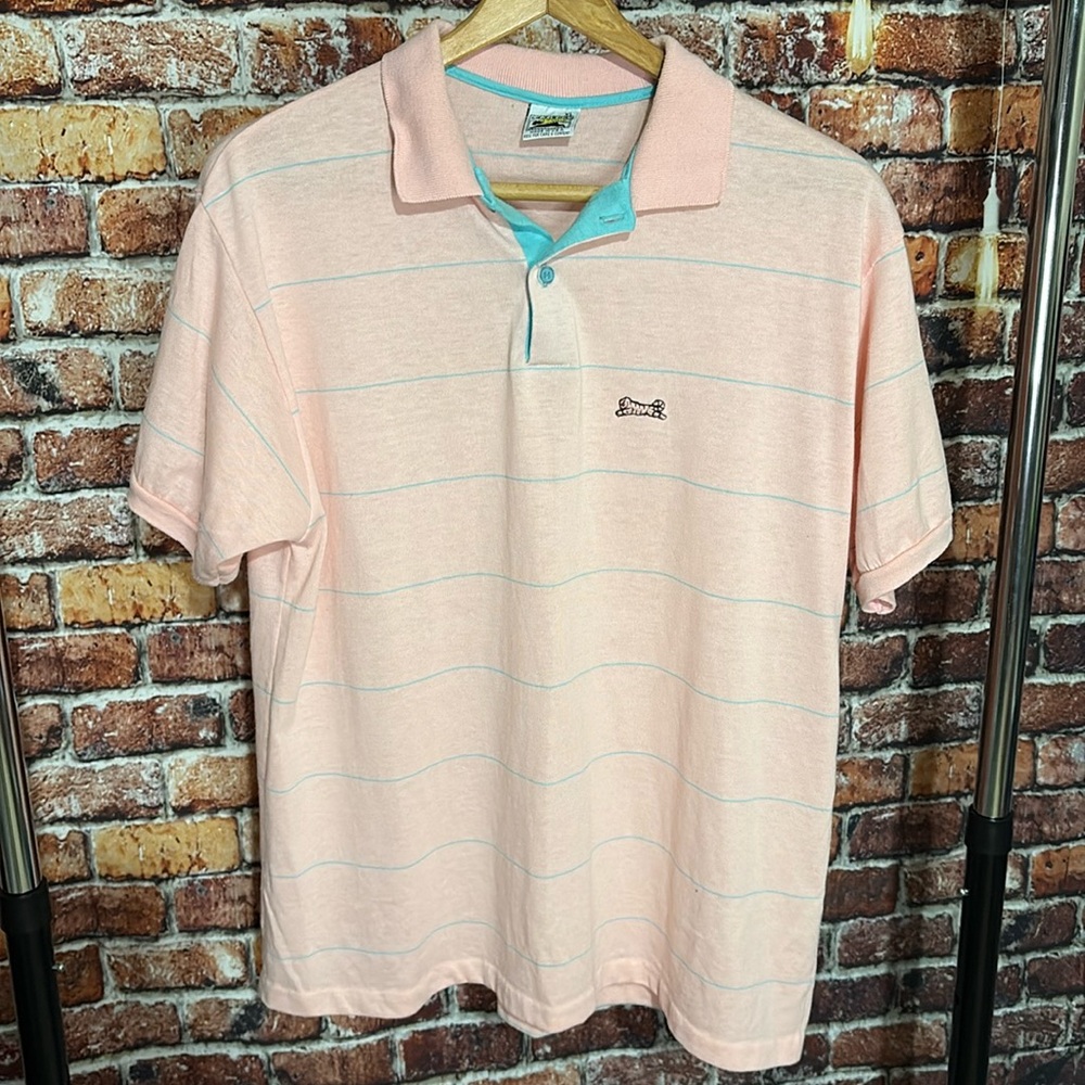 Le Tigre men’s vintage pink with baby blue stripe polo shirt XL tiger